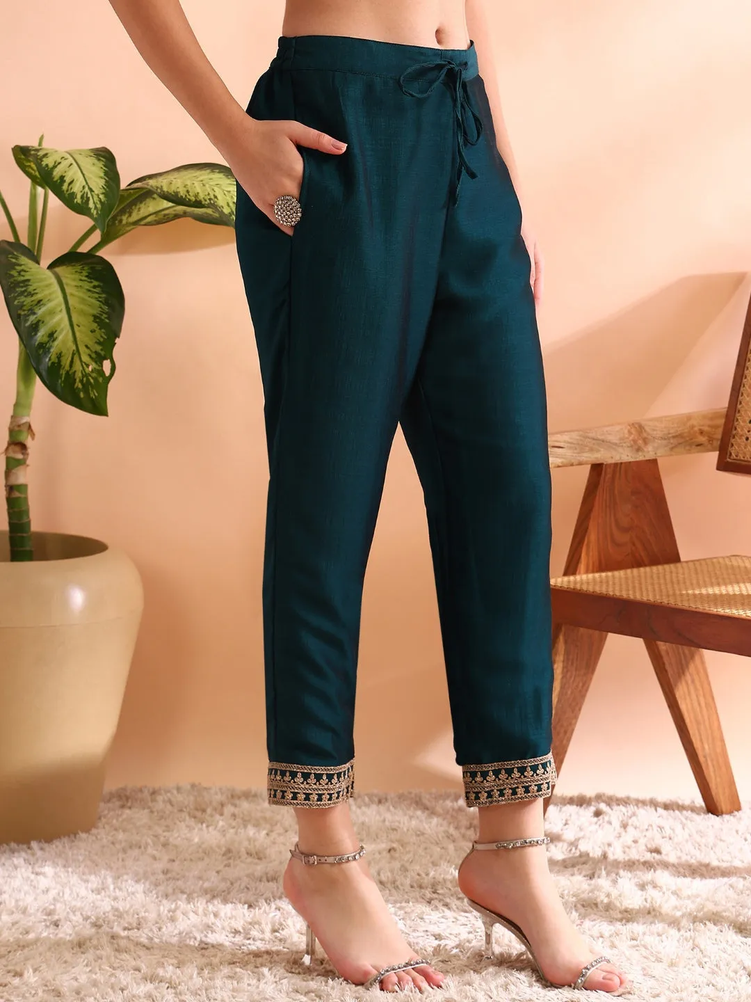 Women Teal Silk Blend Solid Embroidered Straight Kurta Trousers With Dupatta