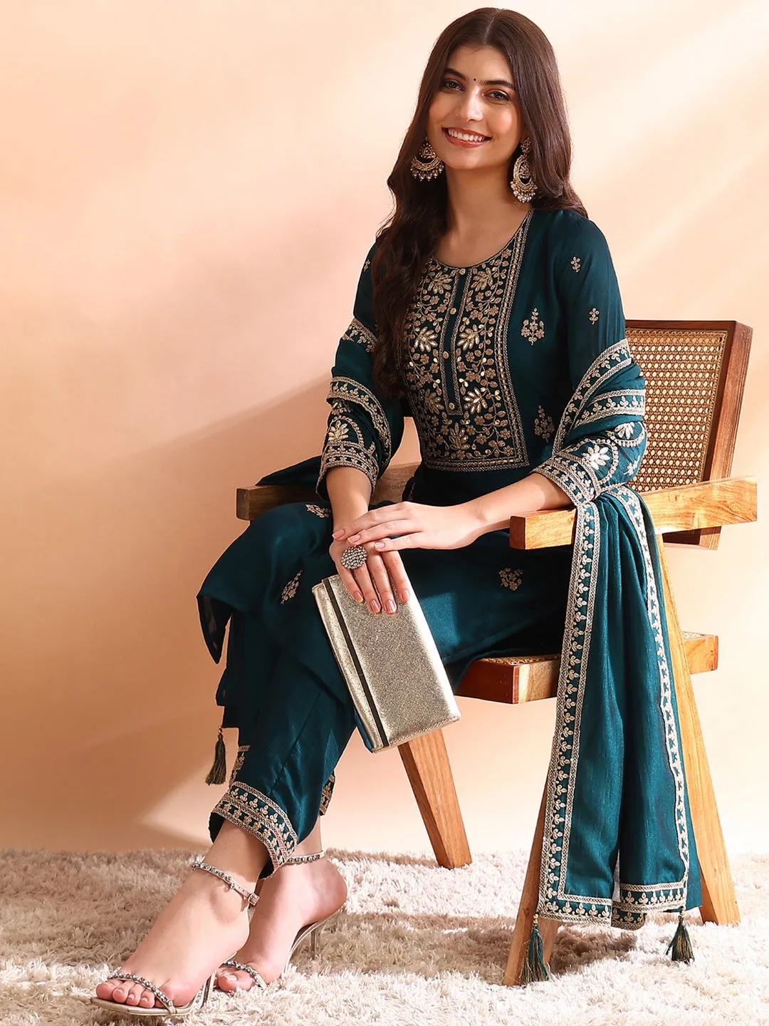 Women Teal Silk Blend Solid Embroidered Straight Kurta Trousers With Dupatta