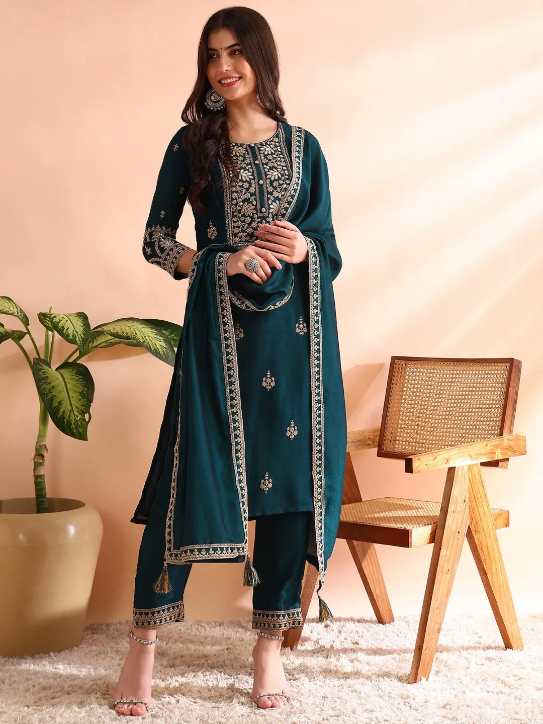 Women Teal Silk Blend Solid Embroidered Straight Kurta Trousers With Dupatta