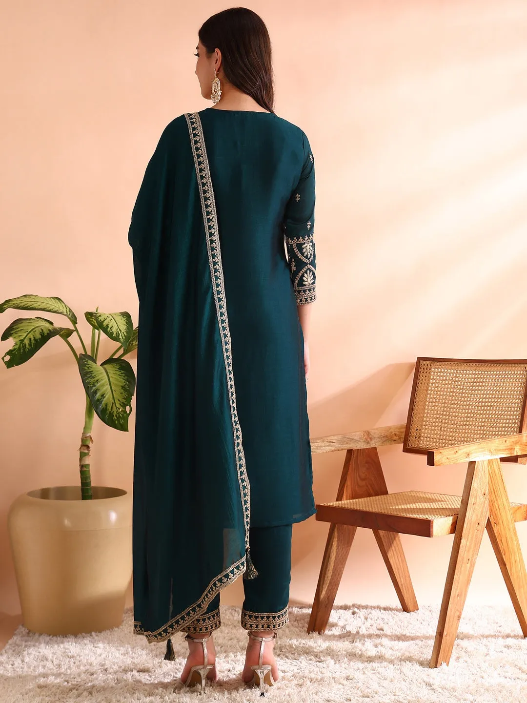 Women Teal Silk Blend Solid Embroidered Straight Kurta Trousers With Dupatta