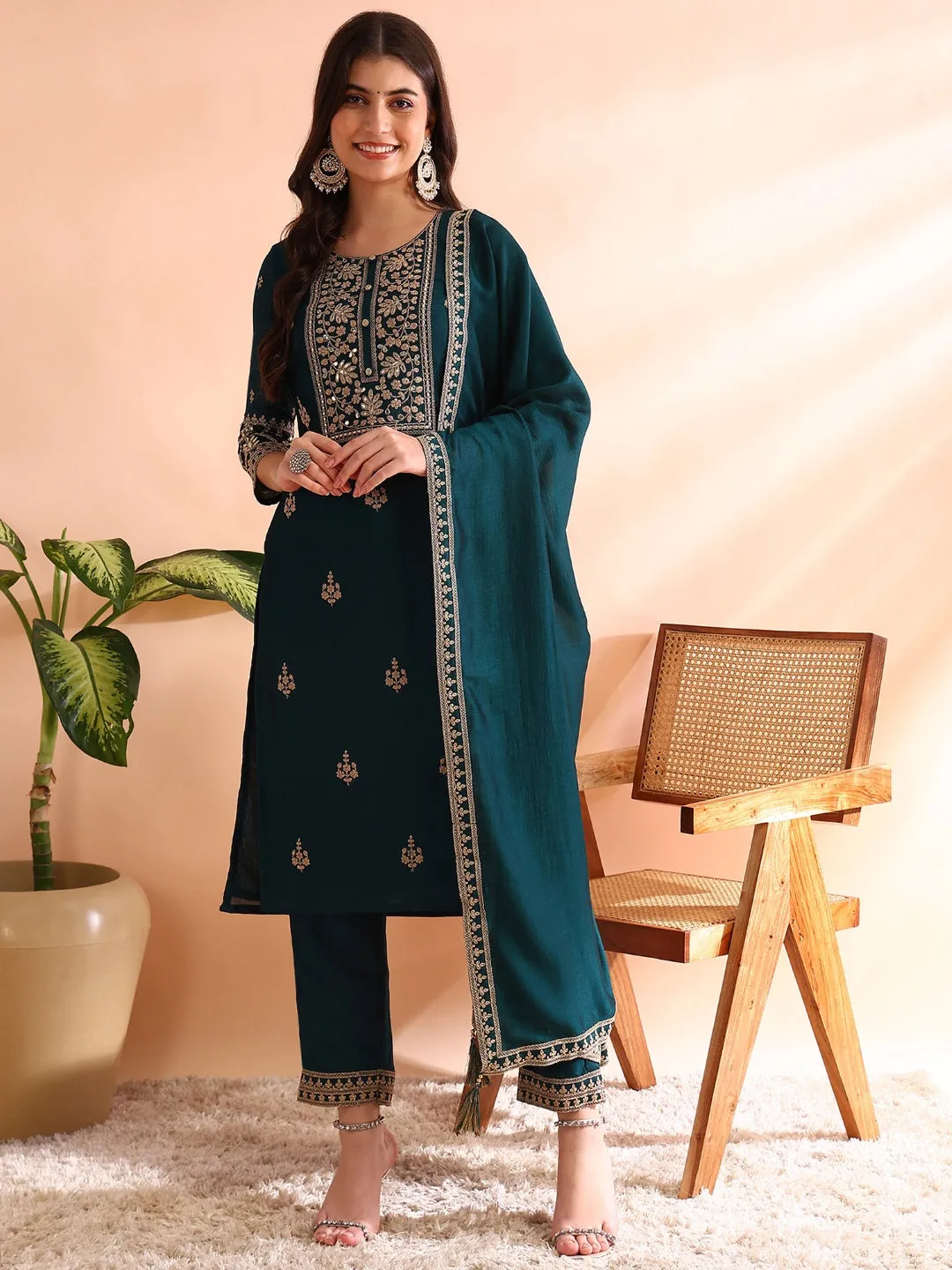 Women Teal Silk Blend Solid Embroidered Straight Kurta Trousers With Dupatta