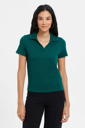 Women Teal Textured Polo Top