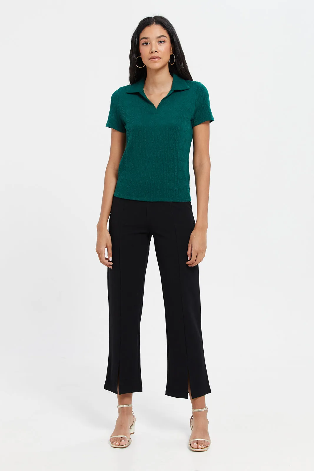 Women Teal Textured Polo Top