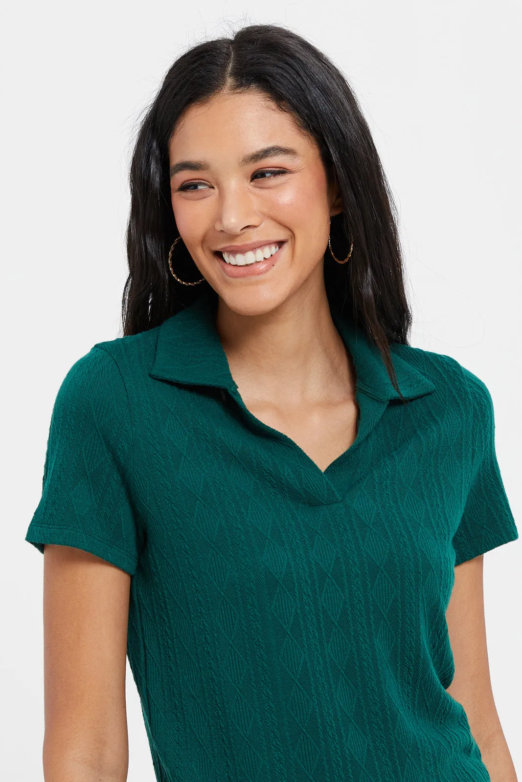 Women Teal Textured Polo Top