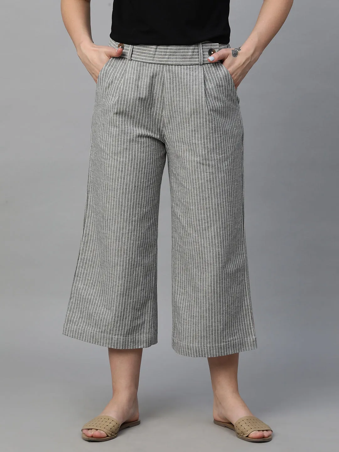 Women's Grey Cotton Linen Regular Fit Culotte