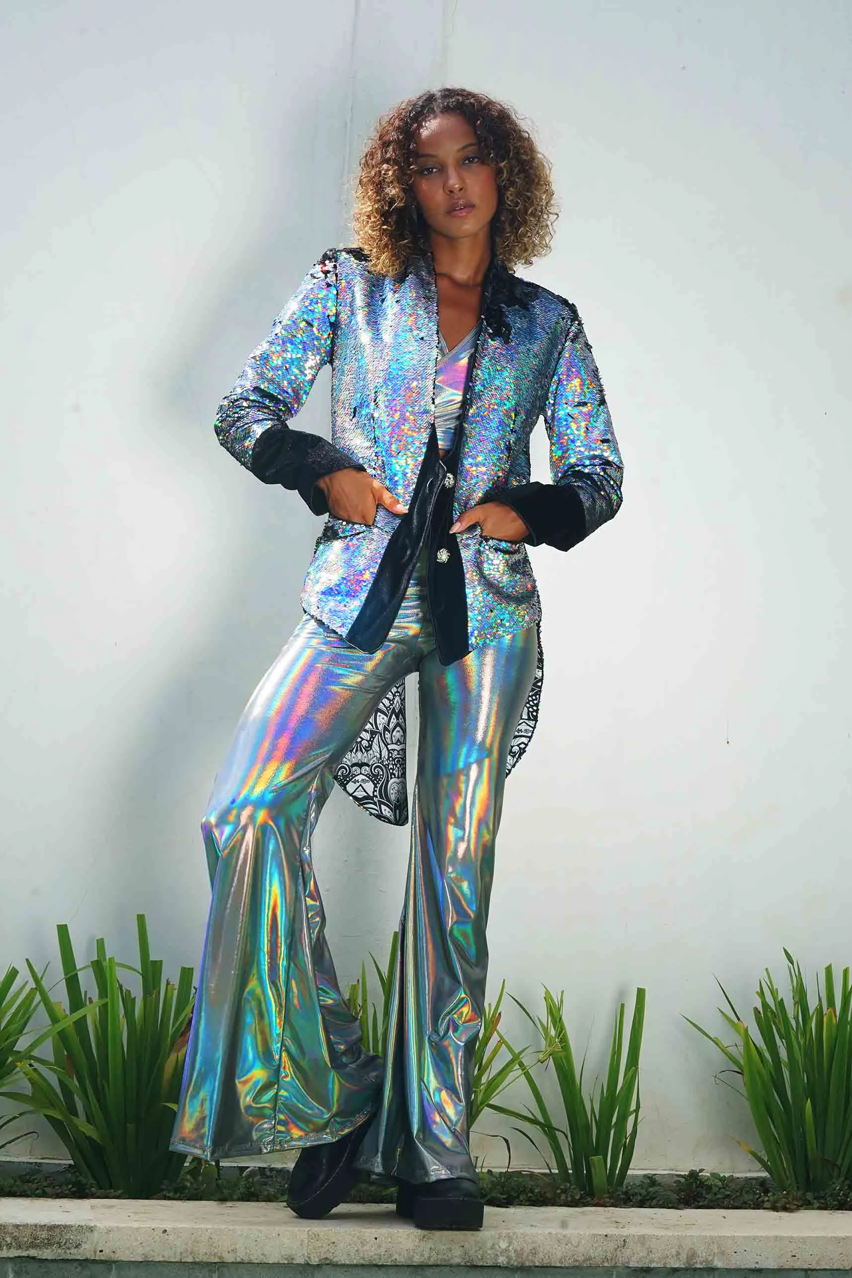 Womens Holographic Silver Sequin Tailcoat