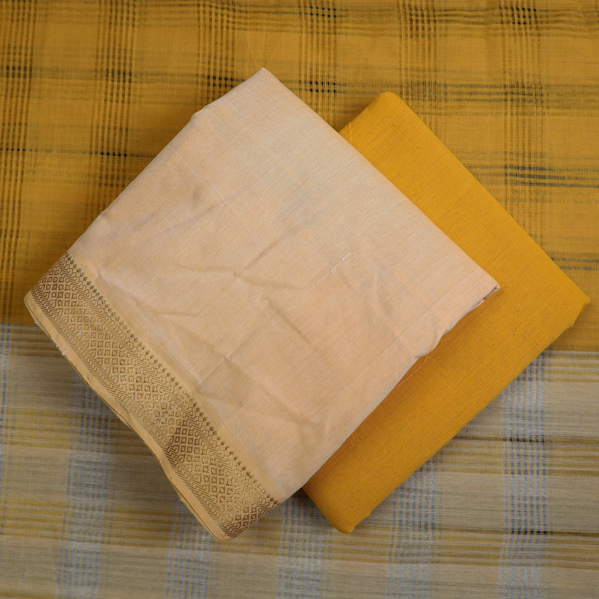 Yellow - 3pc Handloom Cotton Mangalagiri Dress Material 10