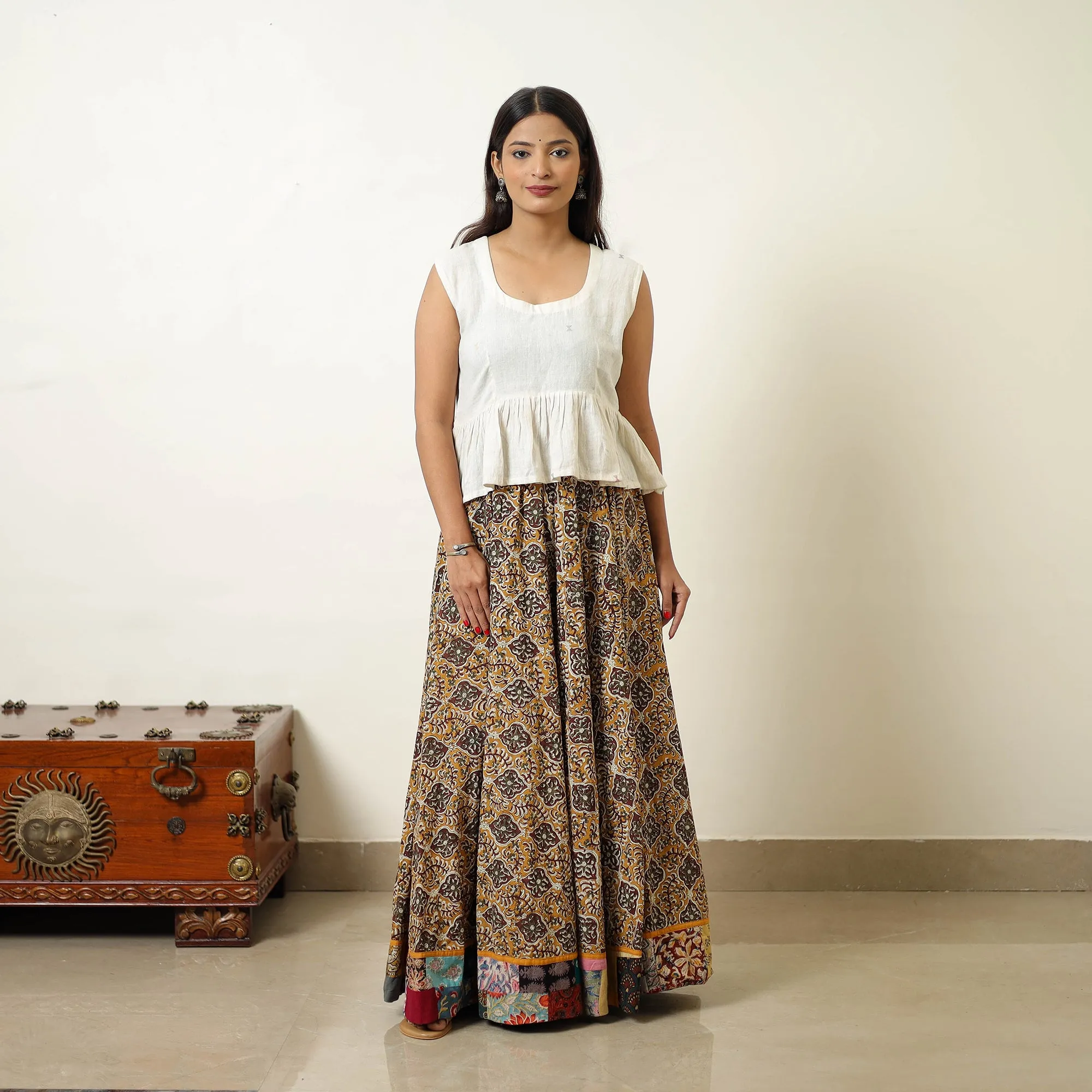 Yellow - Hand Block Printed Cotton Long Bagru Skirt 13